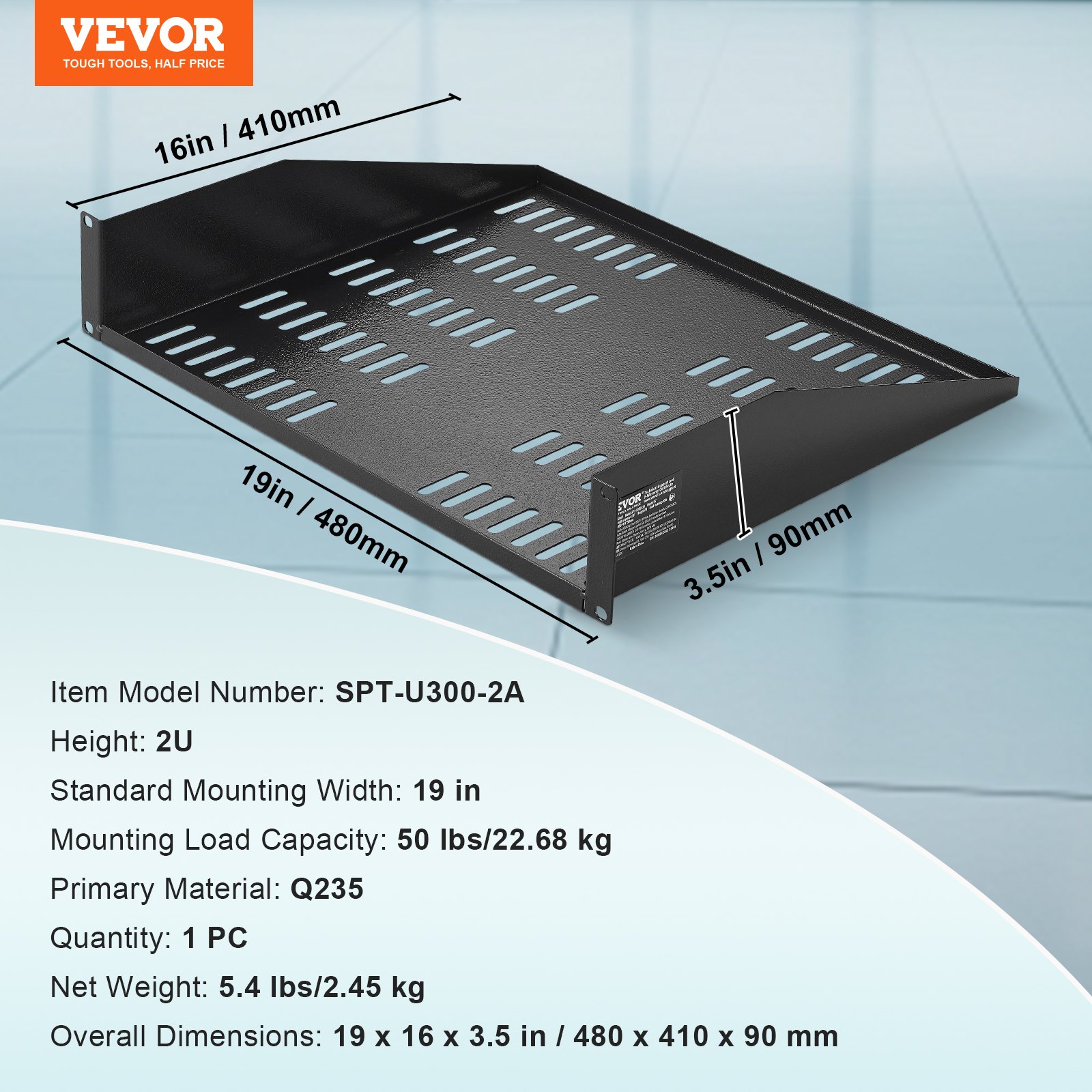 VEVOR 2U Server Rack Shelf, 16"/406mm Depth, 23 kg / 50 lbs Max Load Capacity Vented Cantilever or Wall Mount Rack Mount Shelf with Tray, Good Air Circulation for 482.6 mm/19" Network Cabinet or Equipment Rack