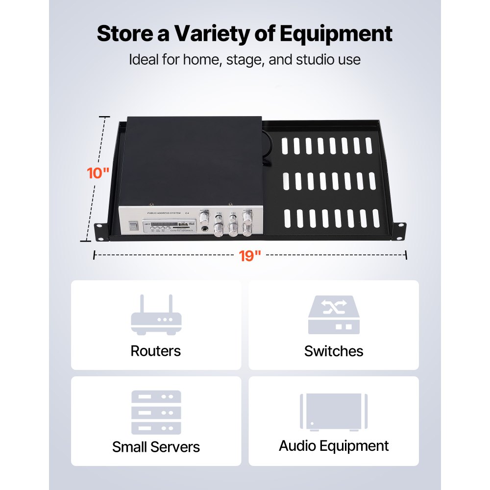 VEVOR 1U Server Rack Shelf, 4 PCS, 22.68 kg Max Load-Bearing Vented Cantilever, Wall Mount or Rack Mount Shelf with Tray, 254 mm Depth, Good Air Circulation for Cabinet Computer Network Equipment