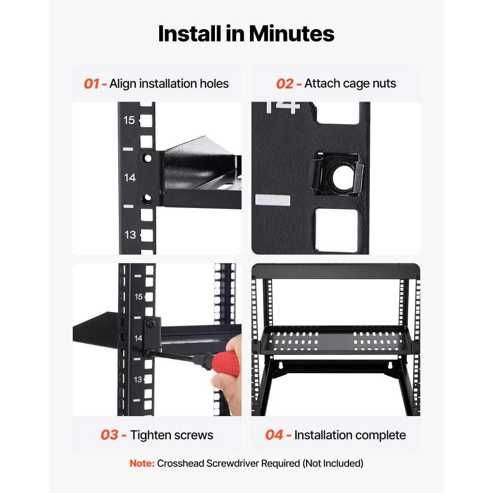 VEVOR 1U Server Rack Shelf, 4 PCS, 22.68 kg Max Load-Bearing Vented Cantilever, Wall Mount or Rack Mount Shelf with Tray, 254 mm Depth, Good Air Circulation for Cabinet Computer Network Equipment