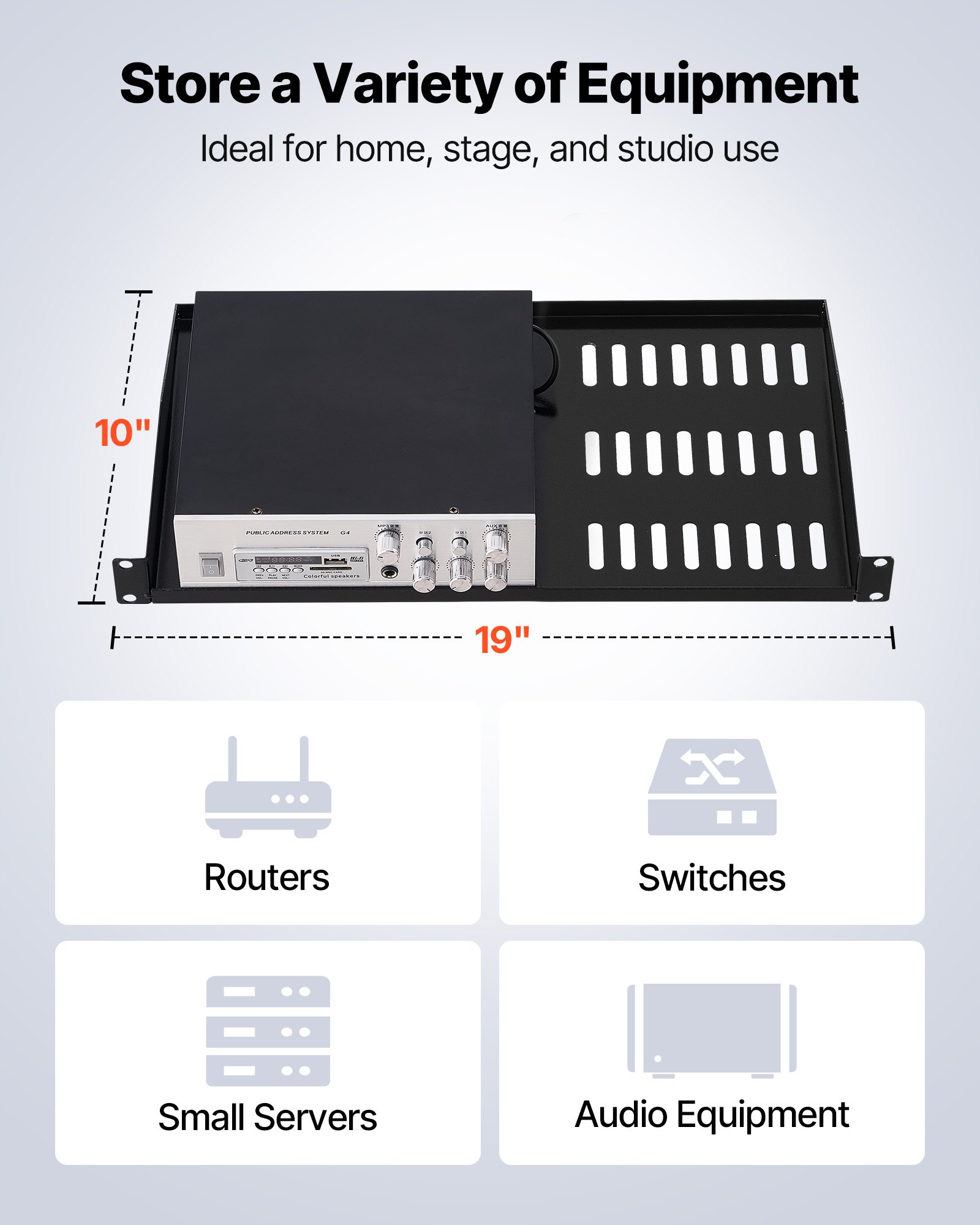 VEVOR 1U Server Rack Shelf, 4 PCS, 22.68 kg Max Load-Bearing Vented Cantilever, Wall Mount or Rack Mount Shelf with Tray, 254 mm Depth, Good Air Circulation for Cabinet Computer Network Equipment