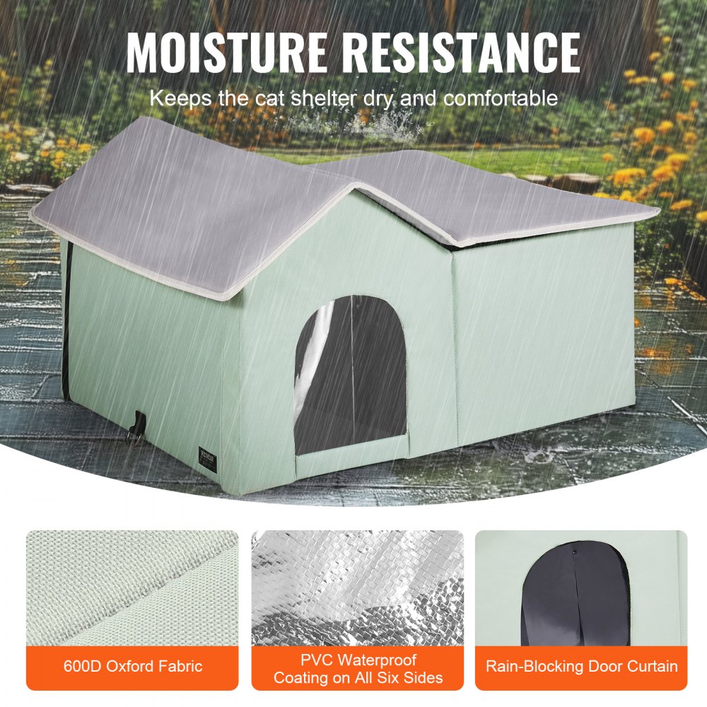 VEVOR Heated Cat House, Outdoor Kitty Shelter with Adjustable Temperature and Timer, 600D Oxford Cloth Foldable Cat Shelter with Heated Pad  for Winter to Stay Warm and Cozy, Green (Large)