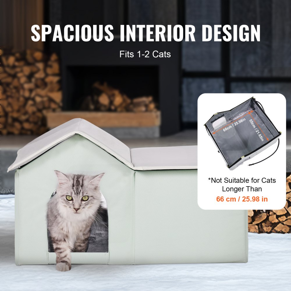 VEVOR Heated Cat House, Outdoor Kitty Shelter with Adjustable Temperature and Timer, 600D Oxford Cloth Foldable Cat Shelter with Heated Pad  for Winter to Stay Warm and Cozy, Green (Large)