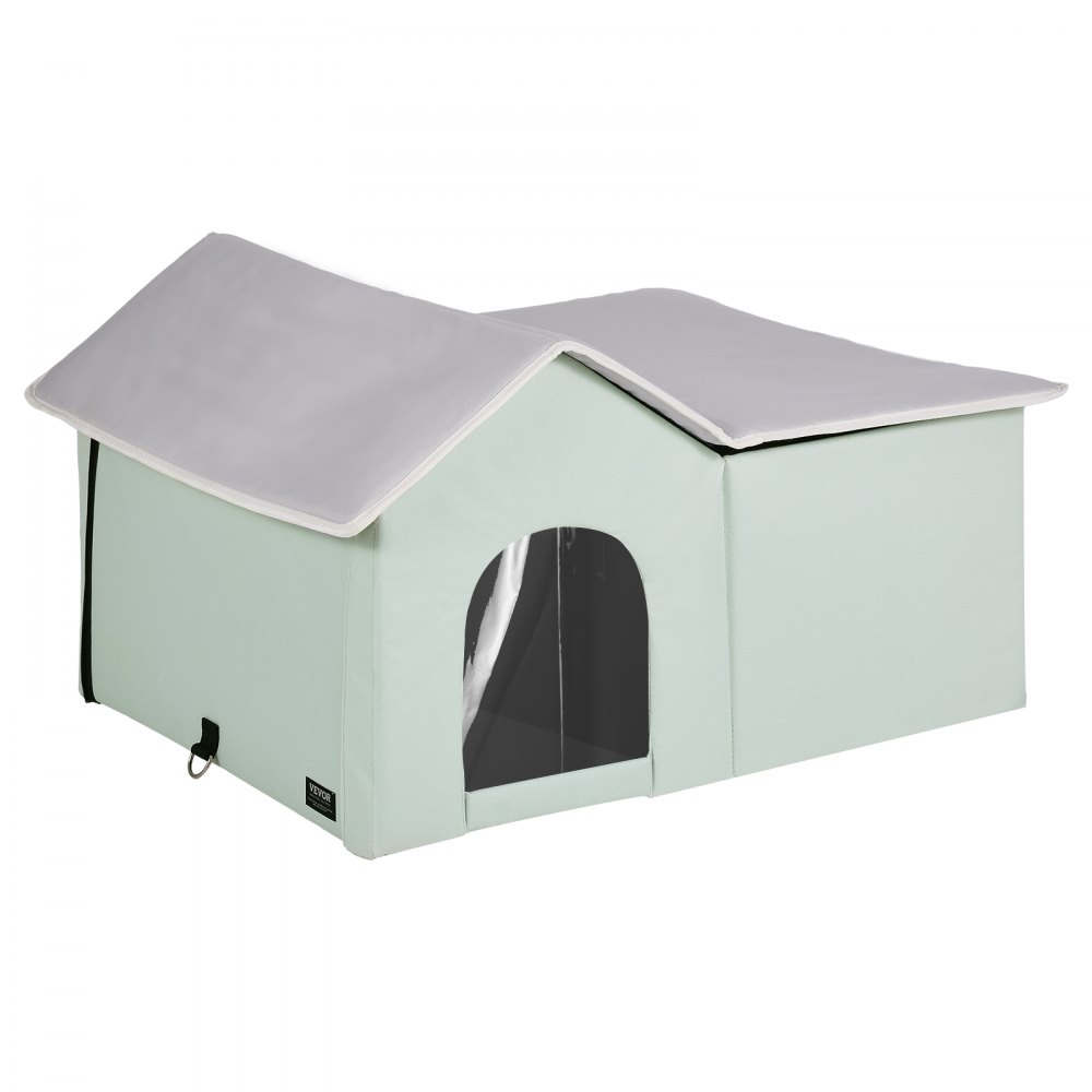 VEVOR Heated Cat House, Outdoor Kitty Shelter with Adjustable Temperature and Timer, 600D Oxford Cloth Foldable Cat Shelter with Heated Pad  for Winter to Stay Warm and Cozy, Green (Large)