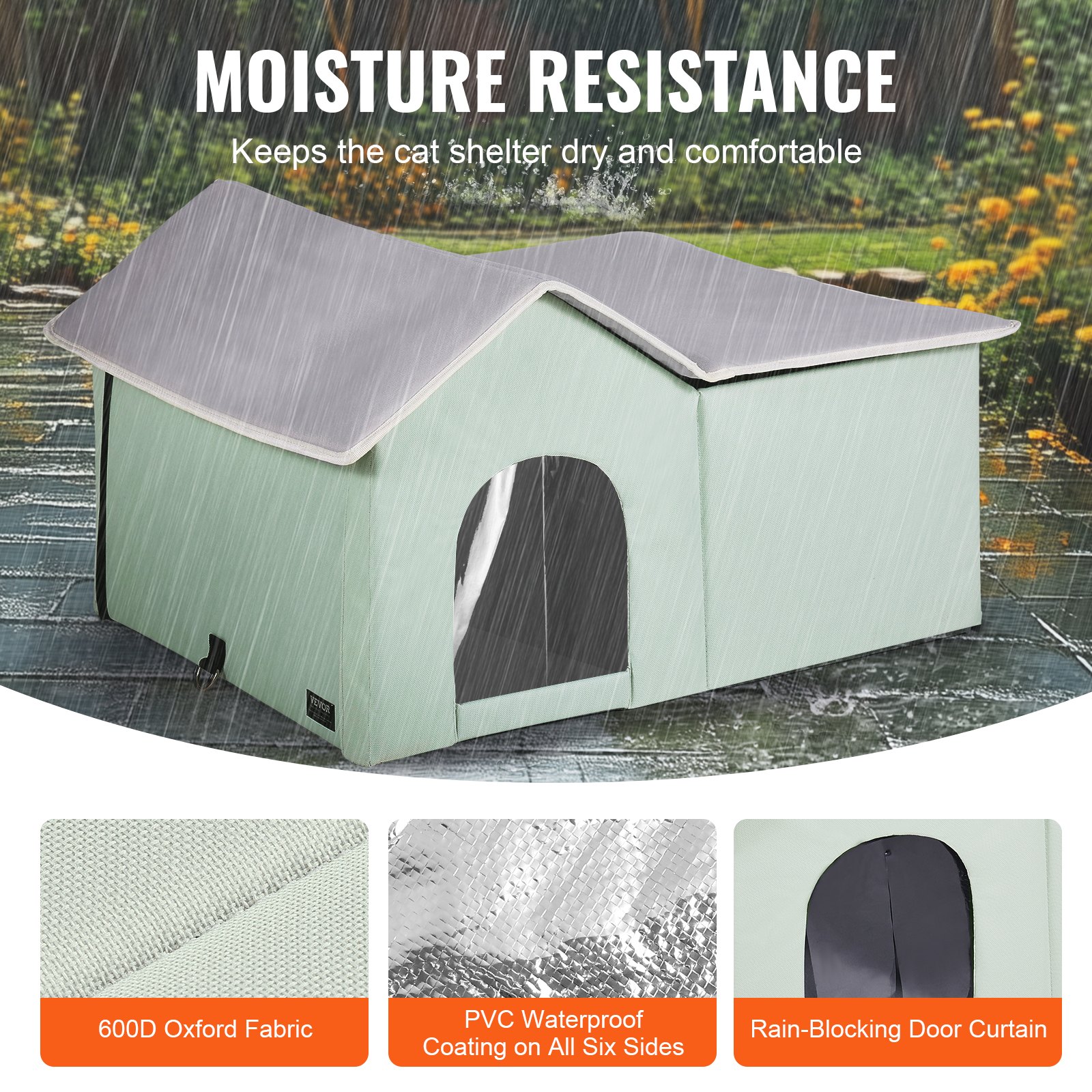 VEVOR Heated Cat House, Outdoor Kitty Shelter with Adjustable Temperature and Timer, 600D Oxford Cloth Foldable Cat Shelter with Heated Pad  for Winter to Stay Warm and Cozy, Green (Large)