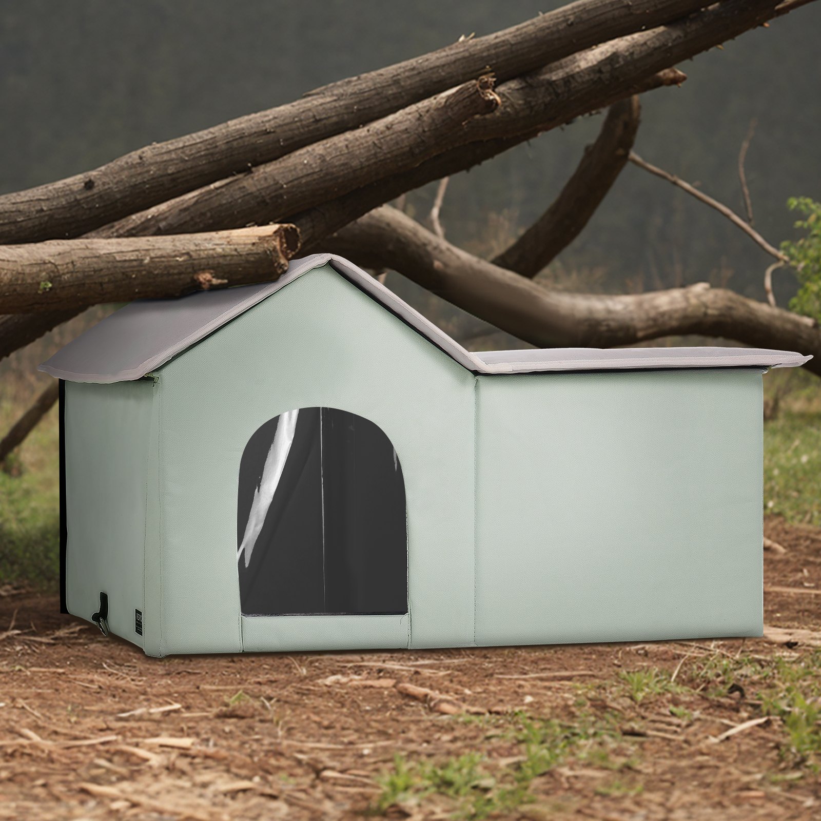 VEVOR Heated Cat House, Outdoor Kitty Shelter with Adjustable Temperature and Timer, 600D Oxford Cloth Foldable Cat Shelter with Heated Pad  for Winter to Stay Warm and Cozy, Green (Large)
