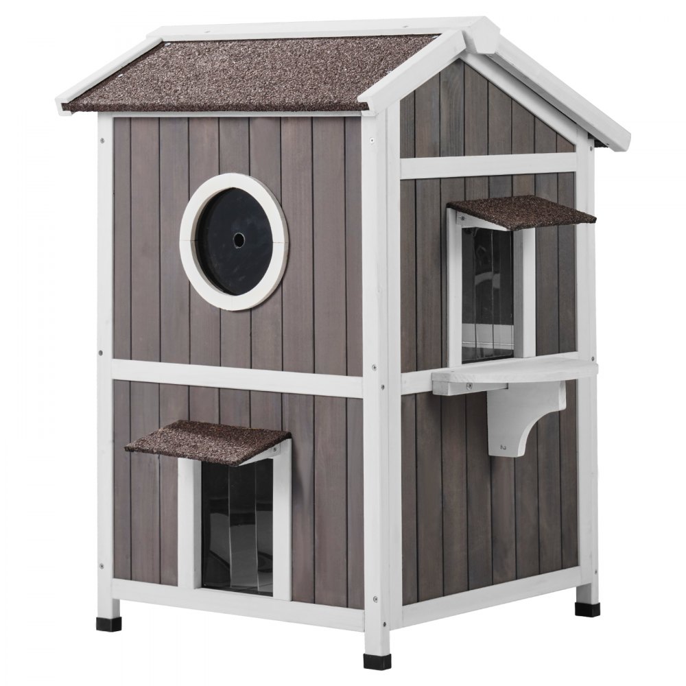 Casa para gatos de exterior VEVOR de 2 pisos de madera con techo y puertas abatibles