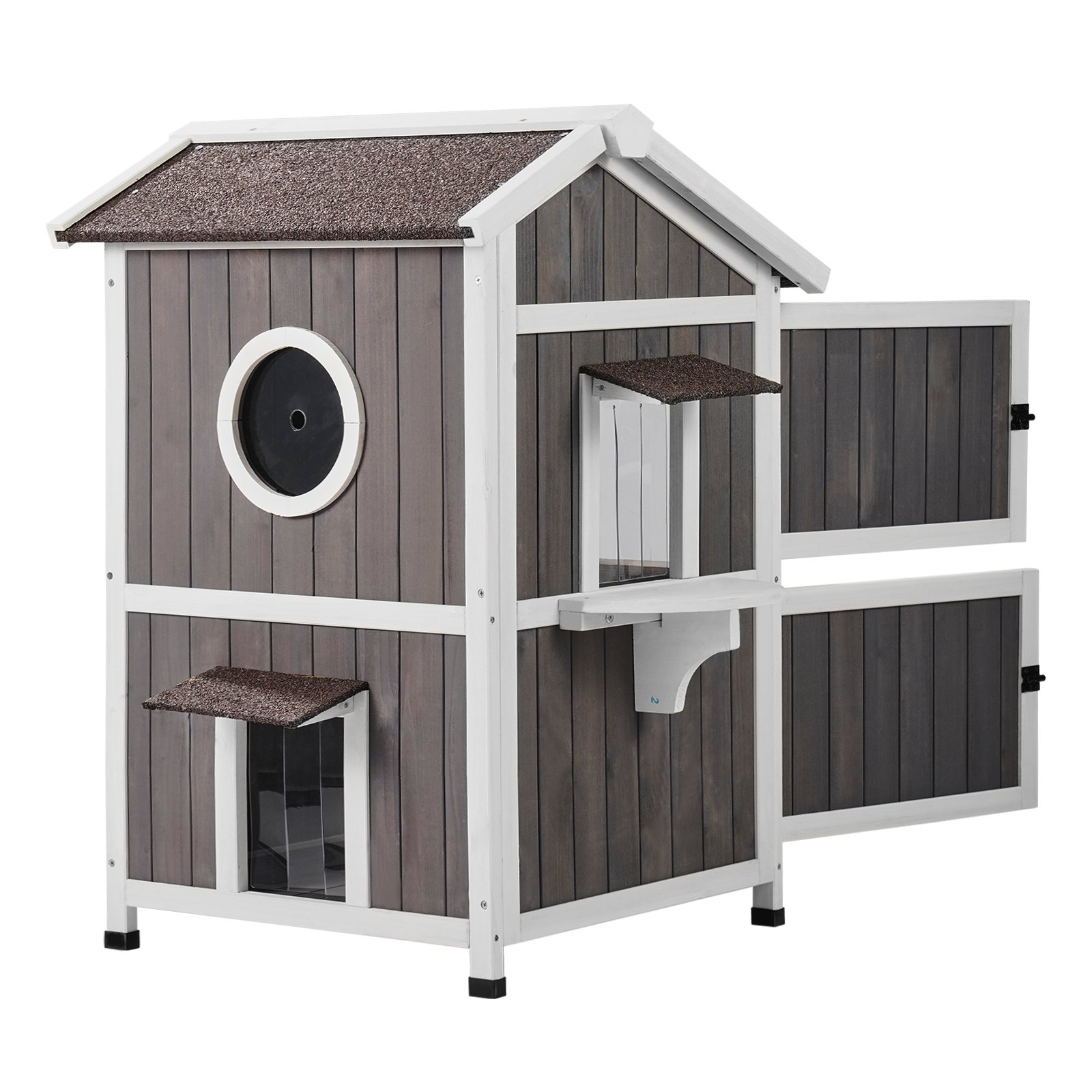 VEVOR Outdoor Cat House Weatherproof, Feral Cat Shelter for Multiple Cats, 2-story Large Outdoor Wooden Cat House with Doors, PVC Door Flaps, A Clear Window, 23"L x 26"W x 36"H