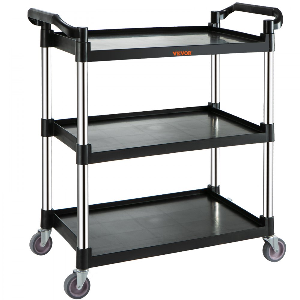 VEVOR Utility Service Cart, 3 Shelf Heavy Duty 154LBS Food Service Cart, Rolling Utility Cart with Lockable Wheels, 32.7" x 15.7" x 37.4" Plastic Utility Cart for Kitchen Office Restaurant Home, Black