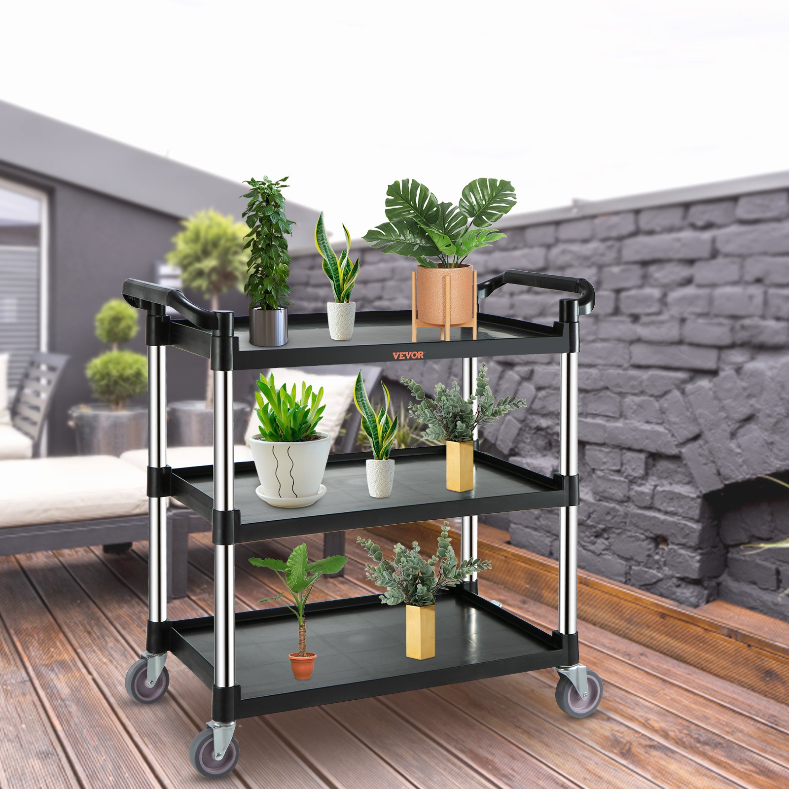 VEVOR Utility Service Cart, 3 Shelf Heavy Duty 154LBS Food Service Cart, Rolling Utility Cart with Lockable Wheels, 32.7" x 15.7" x 37.4" Plastic Utility Cart for Kitchen Office Restaurant Home, Black