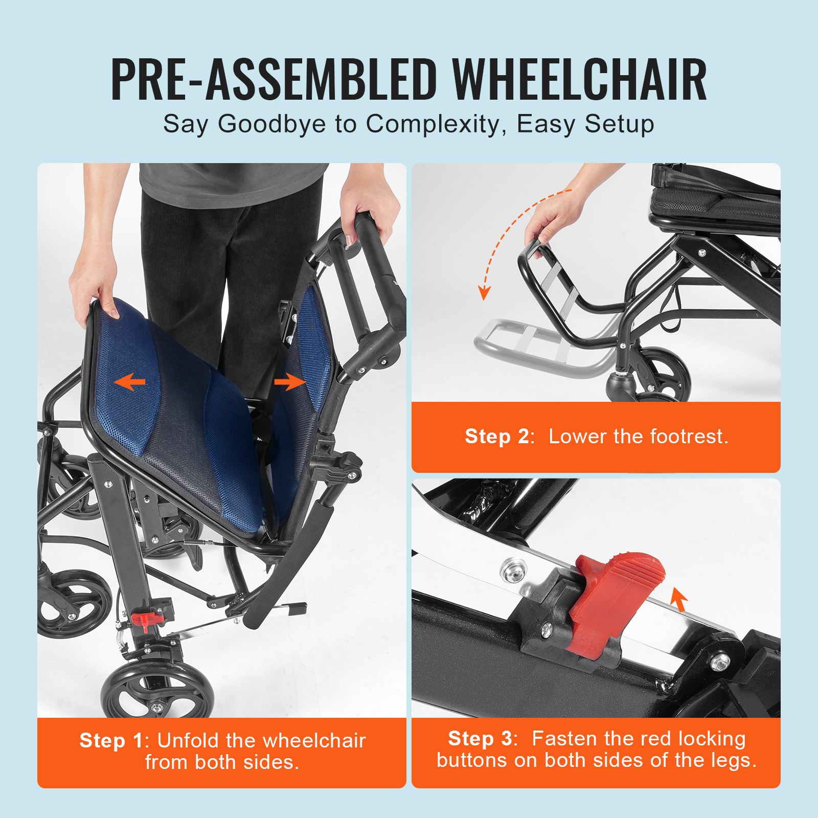 VEVOR Wheelchair, Aluminum Alloy Ultra-Lightweight Transport Chair for Adults, Foldable Cabin Wheelchair with Flip-Back Desk-Length Arms, Self-locking Brake, 15.75-Inch Wide Seat, 220lbs Load
