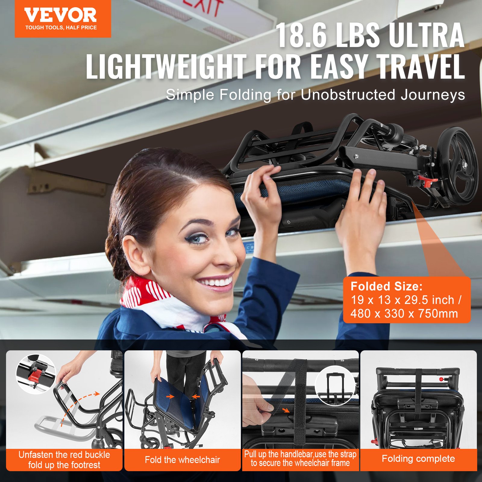 VEVOR Wheelchair Aluminum Alloy Transport Chair Foldable 40 cm W Seat 99.8 kg