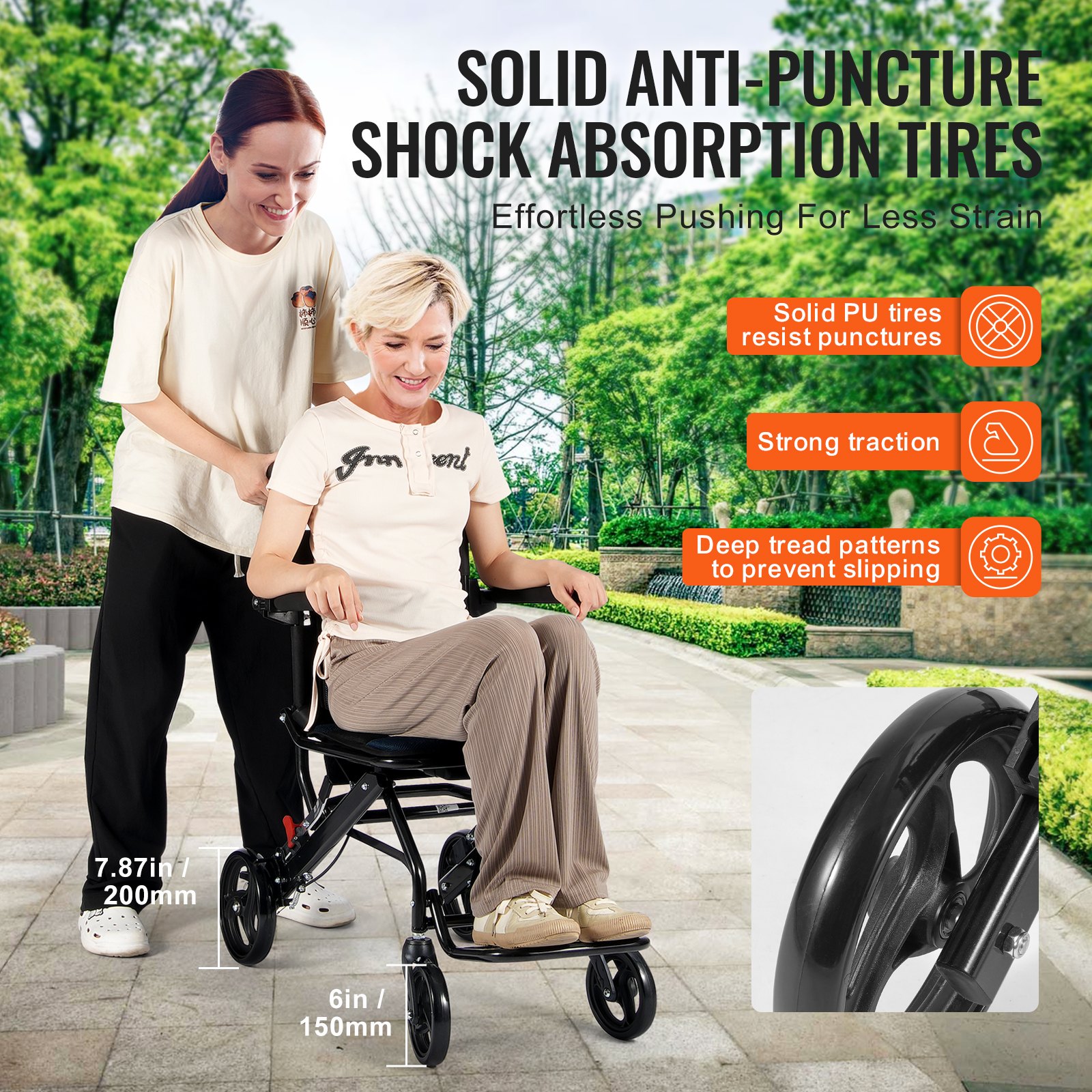 VEVOR Wheelchair Aluminum Alloy Transport Chair Foldable 40 cm W Seat 99.8 kg
