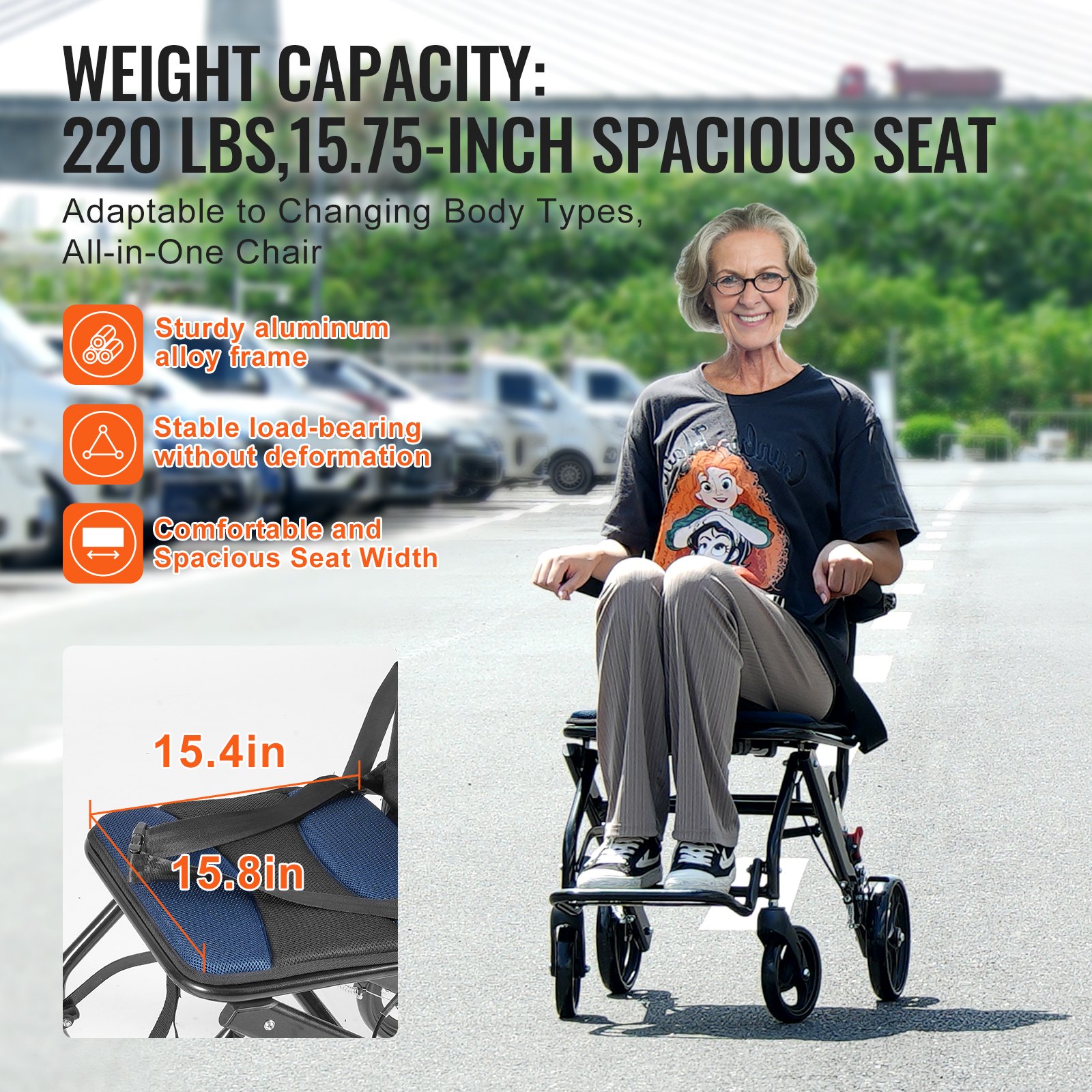 VEVOR Wheelchair Aluminum Alloy Transport Chair Foldable 40 cm W Seat 99.8 kg