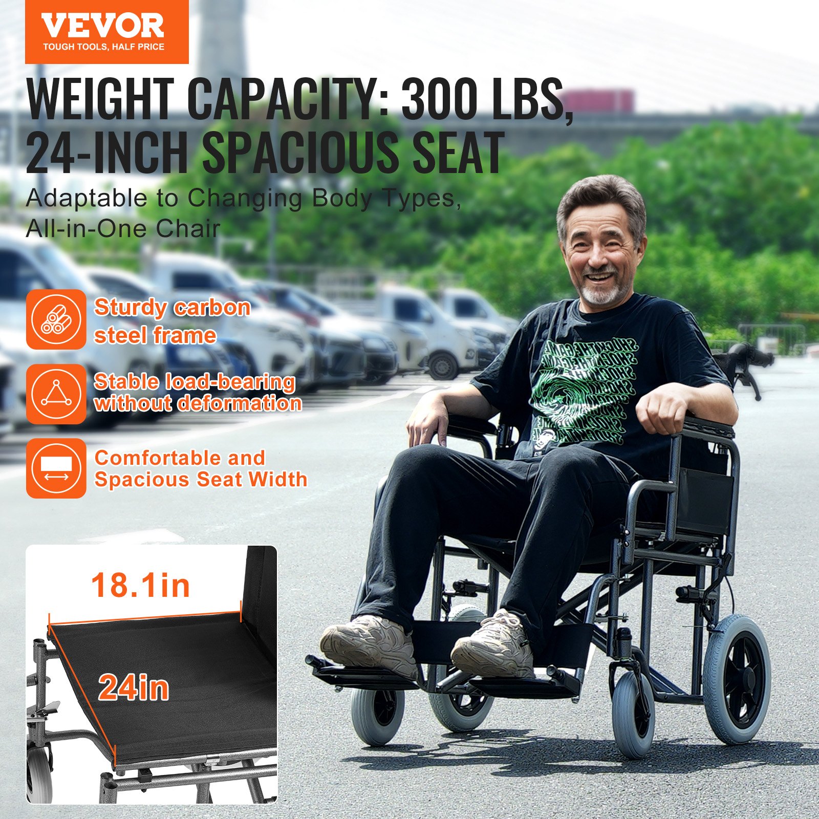 VEVOR Wheelchair, Carbon Steel Transport Chair for Adults, Foldable Wheelchair with Detachable Armrest, Self-locking Brake, 24-Inch Wide Seat, 300lbs Weight Capacity, for the Disabled Move Freely