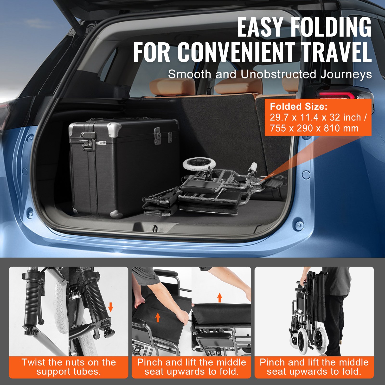 VEVOR Wheelchair, Carbon Steel Transport Chair for Adults, Foldable Wheelchair with Detachable Armrest, Self-locking Brake, 24-Inch Wide Seat, 300lbs Weight Capacity, for the Disabled Move Freely