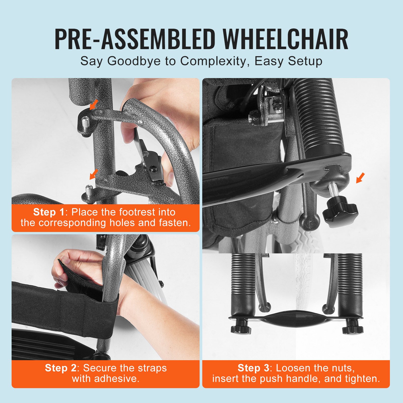 VEVOR Wheelchair, Carbon Steel Transport Chair for Adults, Foldable Wheelchair with Detachable Armrest, Self-locking Brake, 24-Inch Wide Seat, 300lbs Weight Capacity, for the Disabled Move Freely