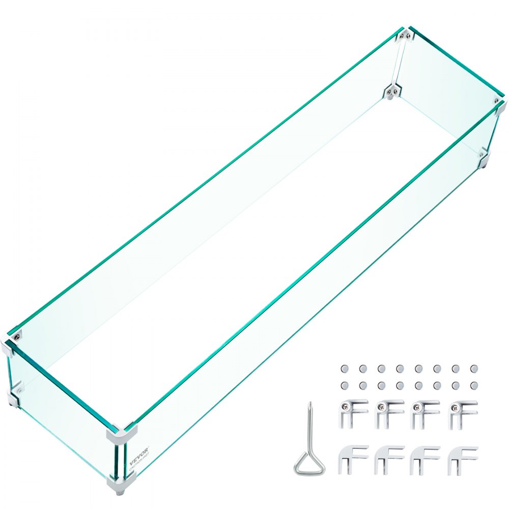 VEVOR Fire Pit Wind Guard, 43.5 x 17.5 x 6 Inch Glass Wind Guard, Rectangular Glass Shield, 0.3" Clear Tempered Glass Flame Guard, Steady Feet Tree Pit Guard for Propane, Gas, Outdoor