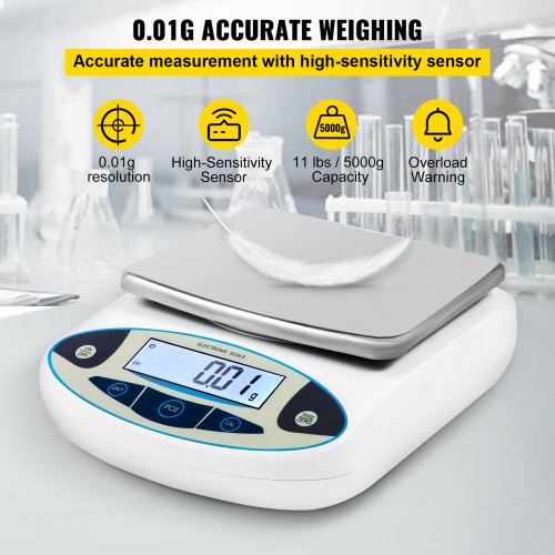 VEVOR Analytical Balance, 5000g x 0.01g Accuracy Lab Scale, High Precision Electronic Analytical Balance, 13 Units Conversion, Counting Function, LCD Display, for Lab University Jewelry (5000g, 0.01g)
