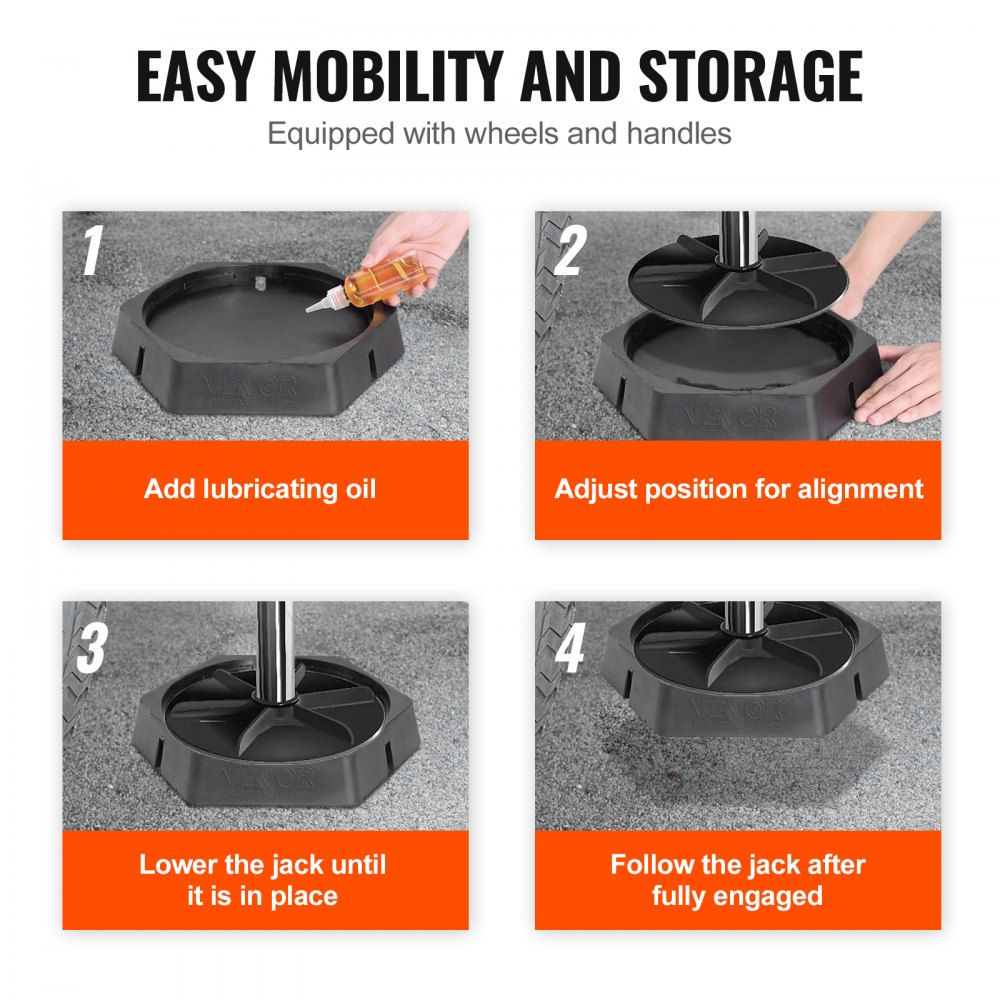 VEVOR rv leveling pads setup steps with instructions: lubricate, align, lower jack, follow jack.