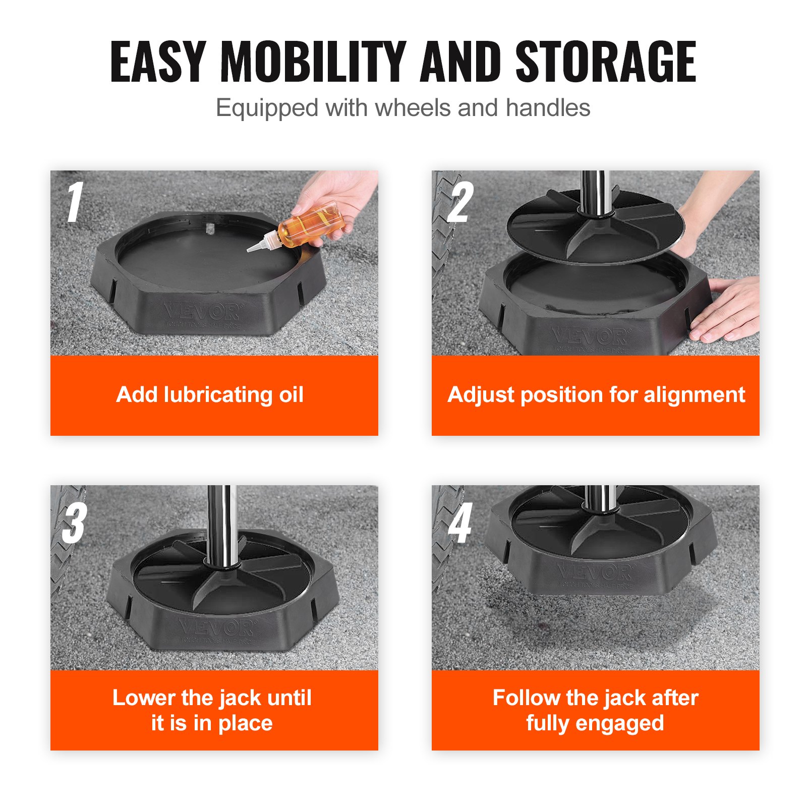 VEVOR rv leveling pads setup steps with instructions: lubricate, align, lower jack, follow jack.