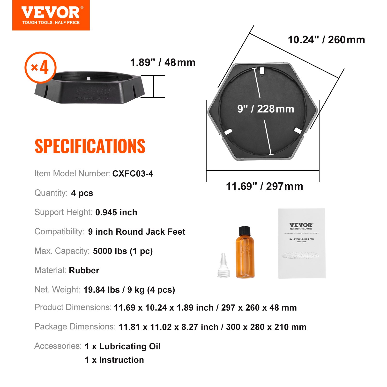 VEVOR rv leveling pads specifications, dimensions, and accessories; includes 4 pads, lubricating oil, and instruction manual.