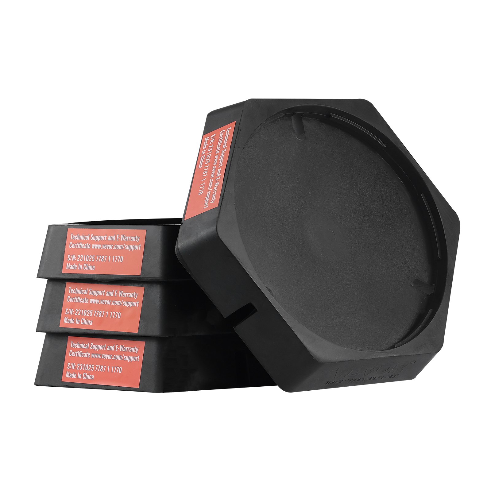 black VEVOR rv leveling pads stacked with red technical support labels.