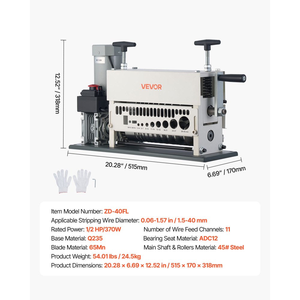 VEVOR Electric Wire Stripper Machine, 1.5-40 mm, 11 Channel Automatic Copper Cable Stripper,  370W Wire Stripper Tool with Manual Hand Crank Mode, Emergency Stop Button, for Scrap Copper Recycling
