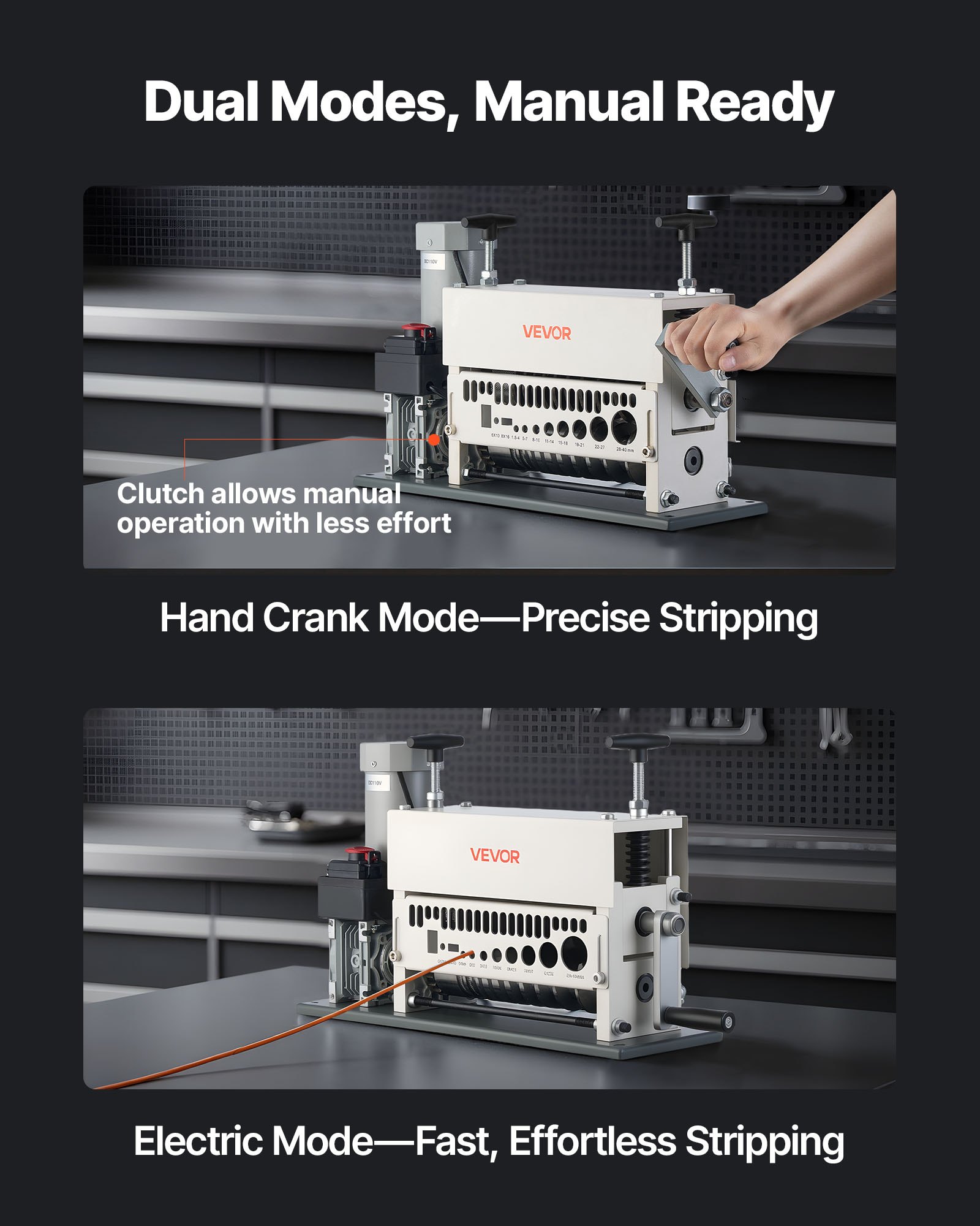 VEVOR Electric Wire Stripper Machine, 1.5-40 mm, 11 Channel Automatic Copper Cable Stripper,  370W Wire Stripper Tool with Manual Hand Crank Mode, Emergency Stop Button, for Scrap Copper Recycling