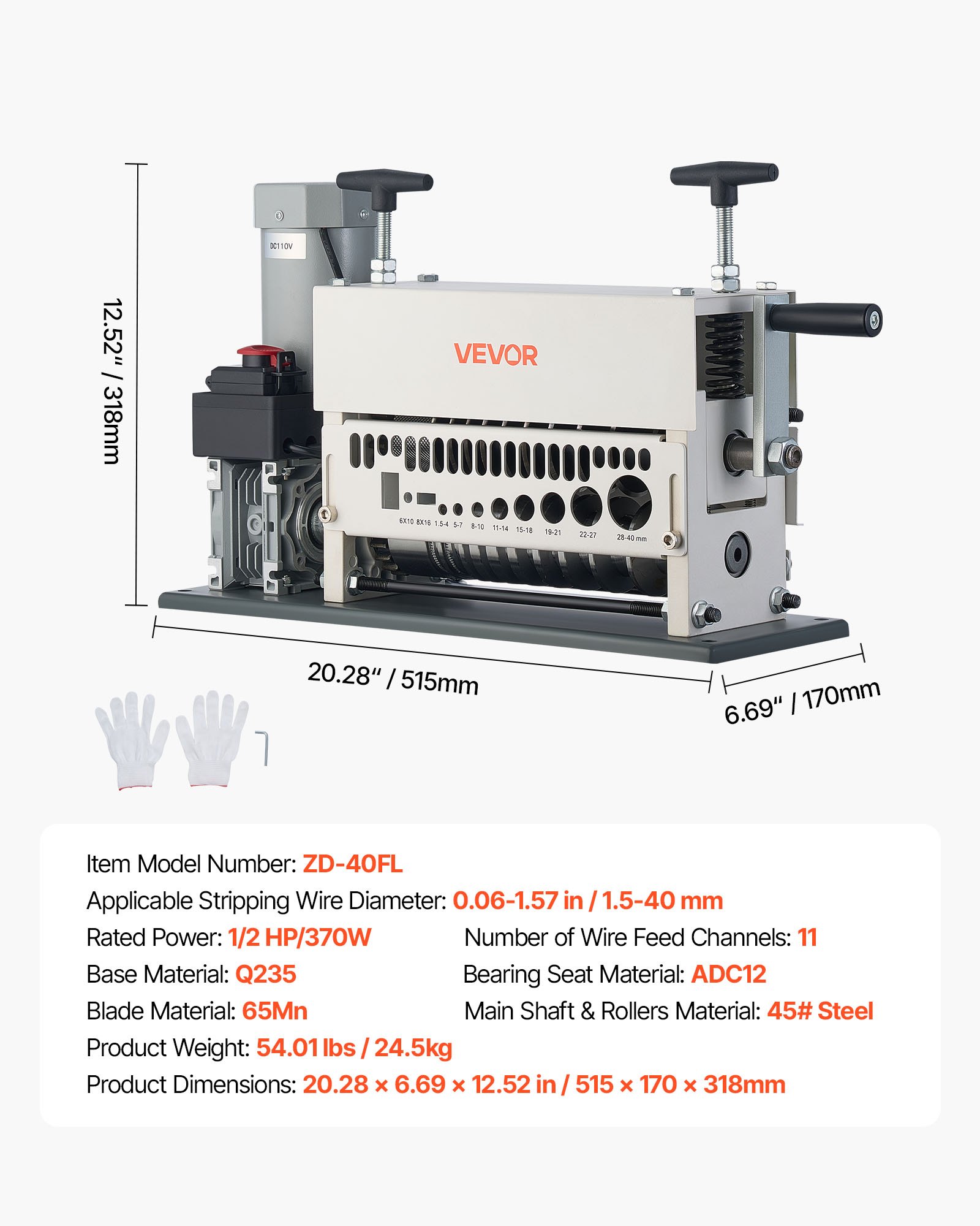 VEVOR Electric Wire Stripper Machine, 1.5-40 mm, 11 Channel Automatic Copper Cable Stripper,  370W Wire Stripper Tool with Manual Hand Crank Mode, Emergency Stop Button, for Scrap Copper Recycling