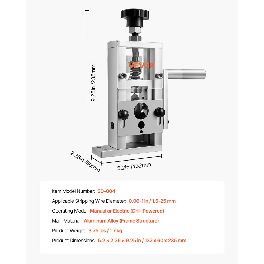 VEVOR Manual Wire Stripping Machine, 0.06-1 in, Copper Stripper with Hand Crank or Drill Powered, 64Mn Quenched Blades, 45# Steel Rollers, Aluminum Alloy Frame Wire Peeler, for Scrap Copper Recycling