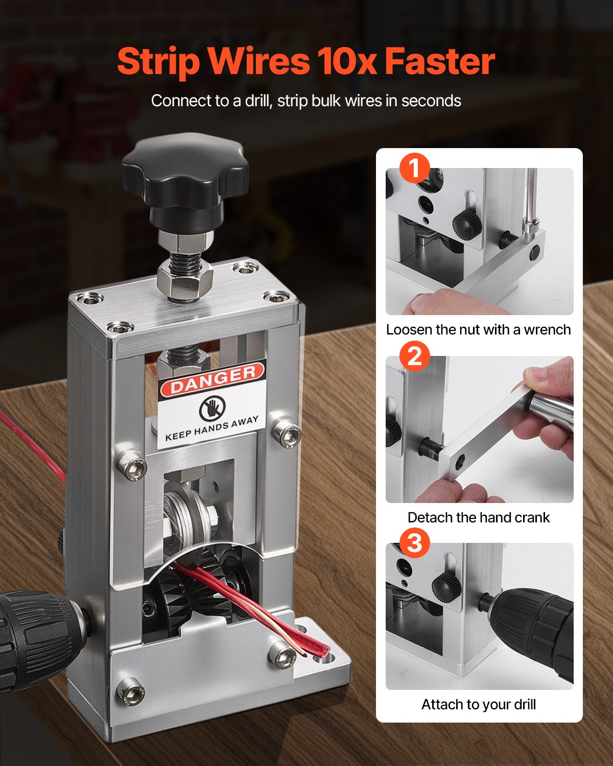 VEVOR Manual Wire Stripping Machine, 0.06-1 in, Copper Stripper with Hand Crank or Drill Powered, 64Mn Quenched Blades, 45# Steel Rollers, Aluminum Alloy Frame Wire Peeler, for Scrap Copper Recycling