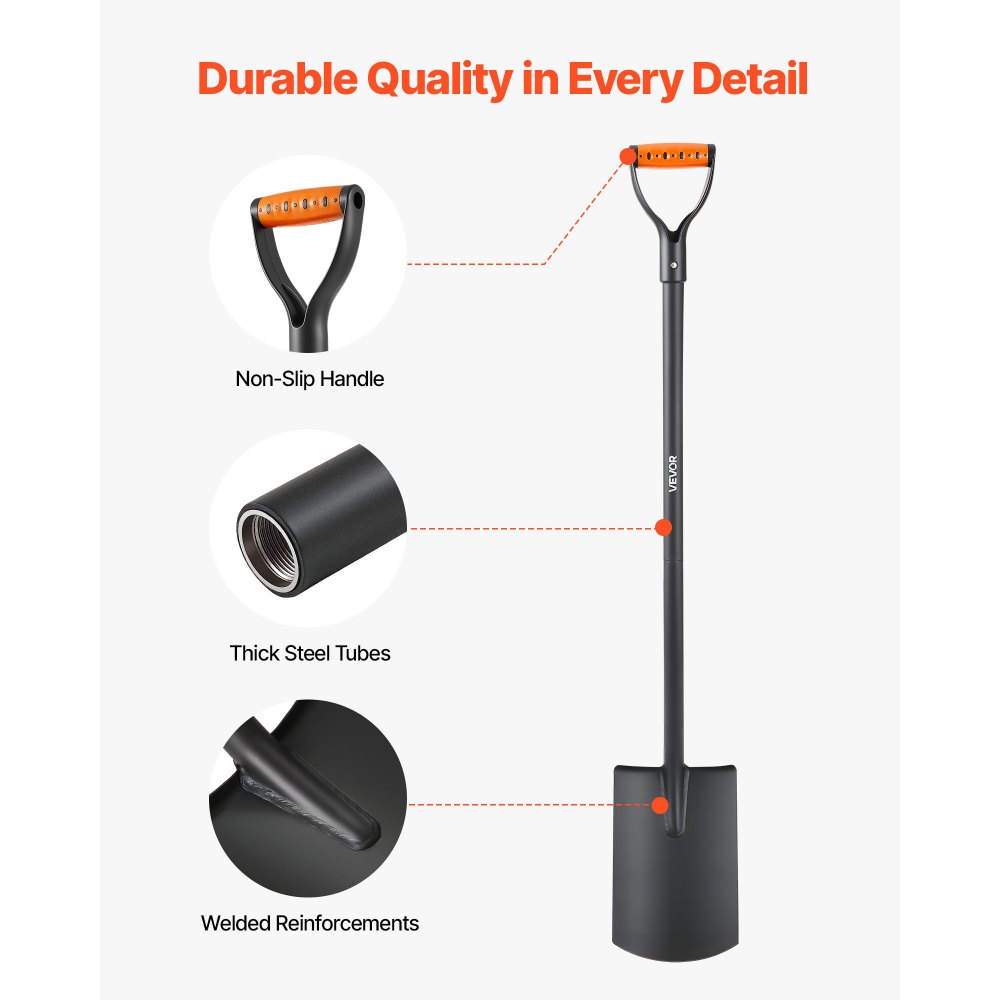 VEVOR Square Shovel, 122 cm Heavy-Duty Flat Shovel, Transfer Shovels with Alloy Steel Blade and Non-Slip D-Handle, Detachable and Easy Storage, for Gardening, Construction, Digging & Snow Shoveling