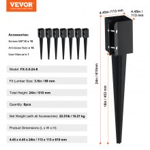 VEVOR Fence Post Anchor Ground Spike, 8 Pack 24 x 4 x 4 Inches Outer Diameter (Inner Diameter 3.5 x3.5 Inches), Metal Black Powder Coated Post Stake Ground, for Mailbox Deck Garden Railing