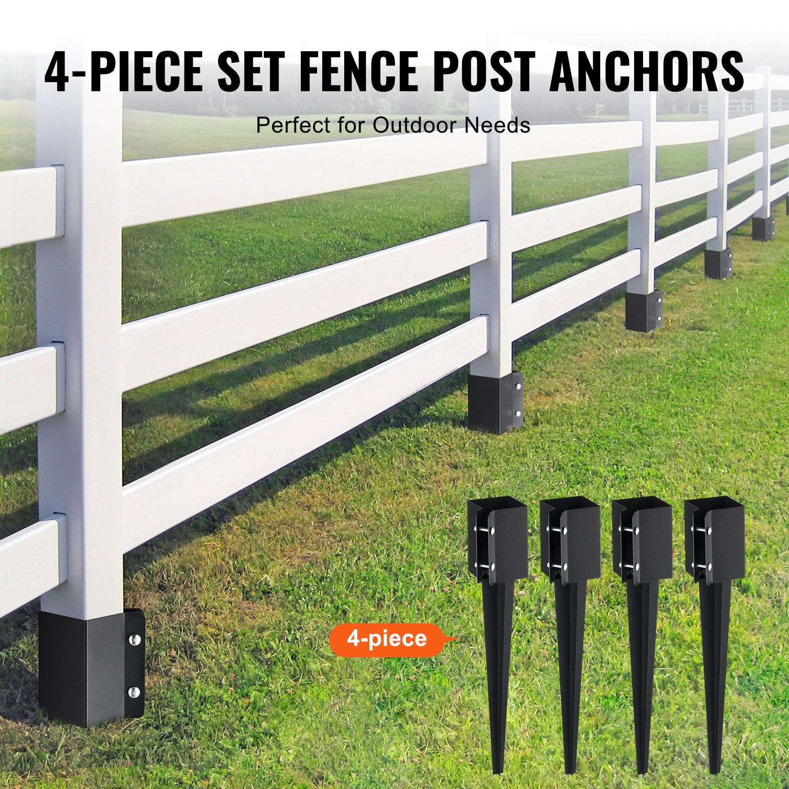 VEVOR Fence Post Anchor Ground Spike, 4 Pack 61 x 11 x 11 cm Outer Diameter (Inner Diameter 8.9 x8.9 cm), Metal Black Powder Coated Post Stake Ground, for Mailbox Deck Garden Railing