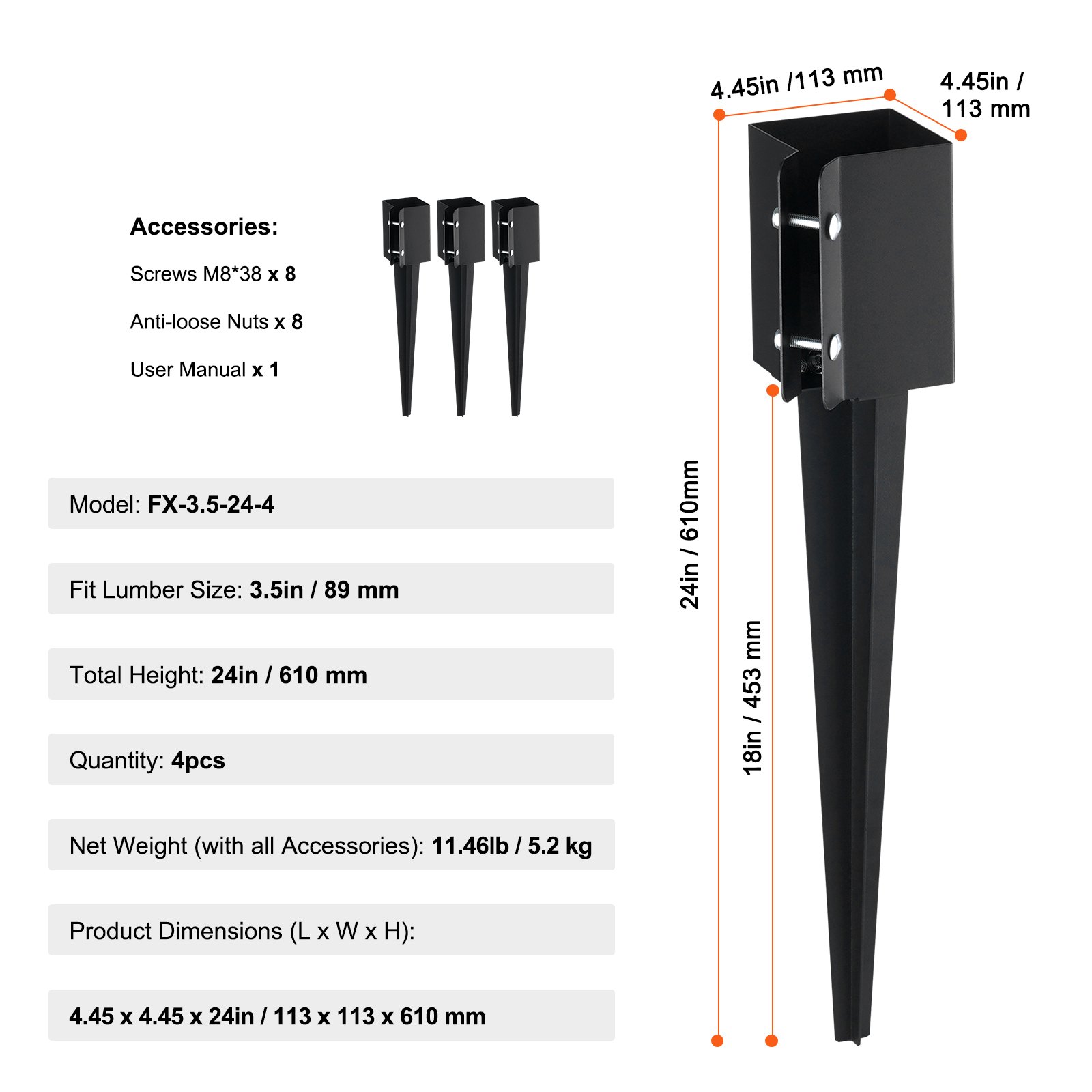VEVOR Fence Post Anchor Ground Spike, 4 Pack 24 x 4 x 4 Inches Outer Diameter (Inner Diameter 3.5 x3.5 Inches), Metal Black Powder Coated Post Stake Ground, for Mailbox Deck Garden Railing