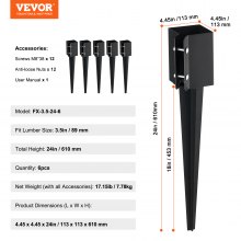 VEVOR Fence Post Anchor Ground Spike, 6 Pack 24 x 4 x 4 Inches Outer Diameter (Inner Diameter 3.5 x3.5 Inches), Metal Black Powder Coated Post Stake Ground, for Mailbox Deck Garden Railing