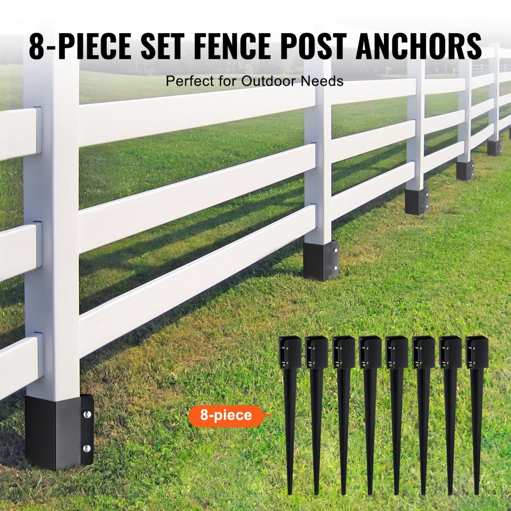 VEVOR Fence Post Anchor Ground Spike, 8 Pack 91 x 11 x 11 cm Outer Diameter (Inner Diameter 8.9x8.9 cm), Metal Black Powder Coated Post Stake Ground, for Mailbox Deck Garden Railing