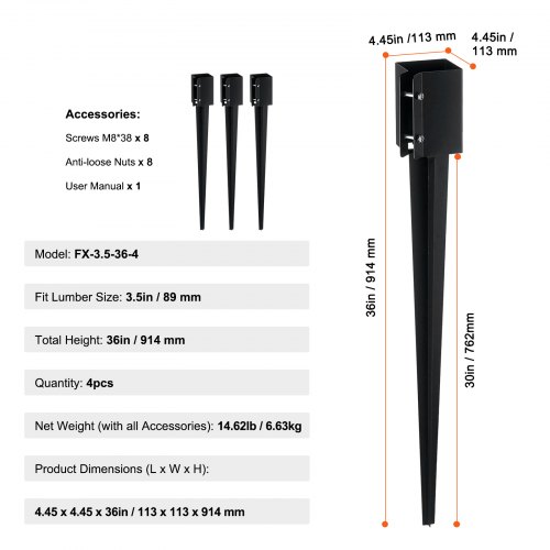 VEVOR Fence Post Anchor Ground, 4-Pack 36 in. L x 4 in. W x 4 in. H Outer Diameter, Metal Powder Coated Post Stake Ground