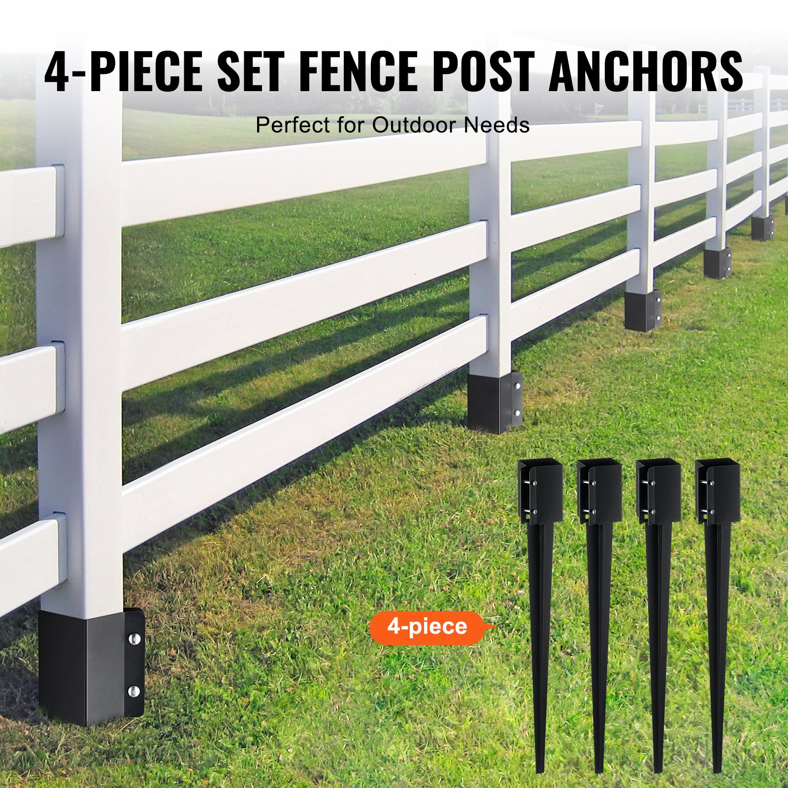 VEVOR Fence Post Anchor Ground Spike, 4 Pack 91 x 11 x 11 cm Outer Diameter (Inner Diameter 8.9 x8.9 cm), Metal Black Powder Coated Post Stake Ground, for Mailbox Deck Garden Railing