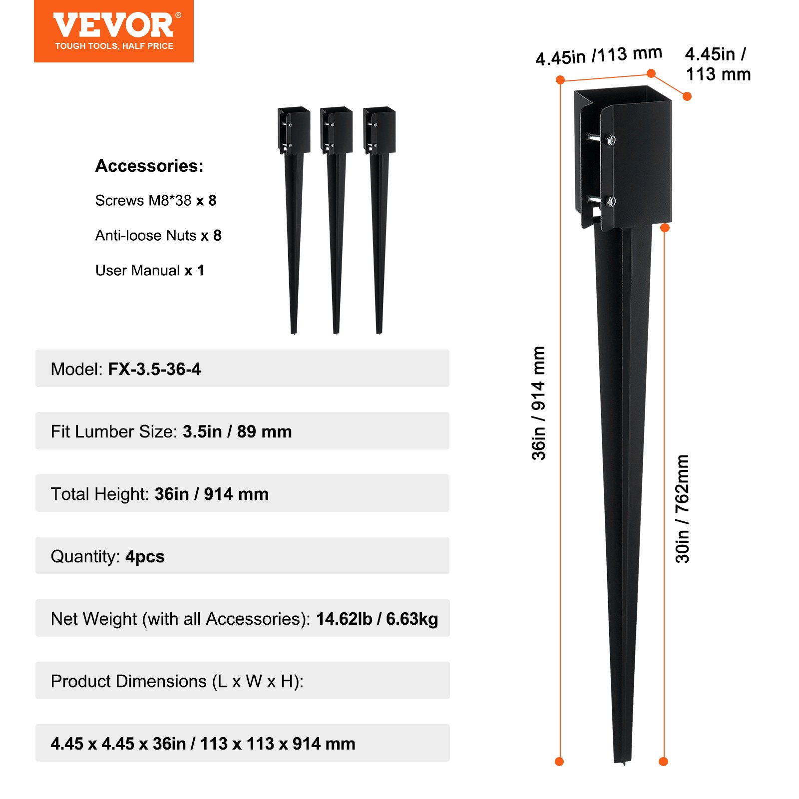 VEVOR Fence Post Anchor Ground Spike, 4 Pack 91 x 11 x 11 cm Outer Diameter (Inner Diameter 8.9 x8.9 cm), Metal Black Powder Coated Post Stake Ground, for Mailbox Deck Garden Railing