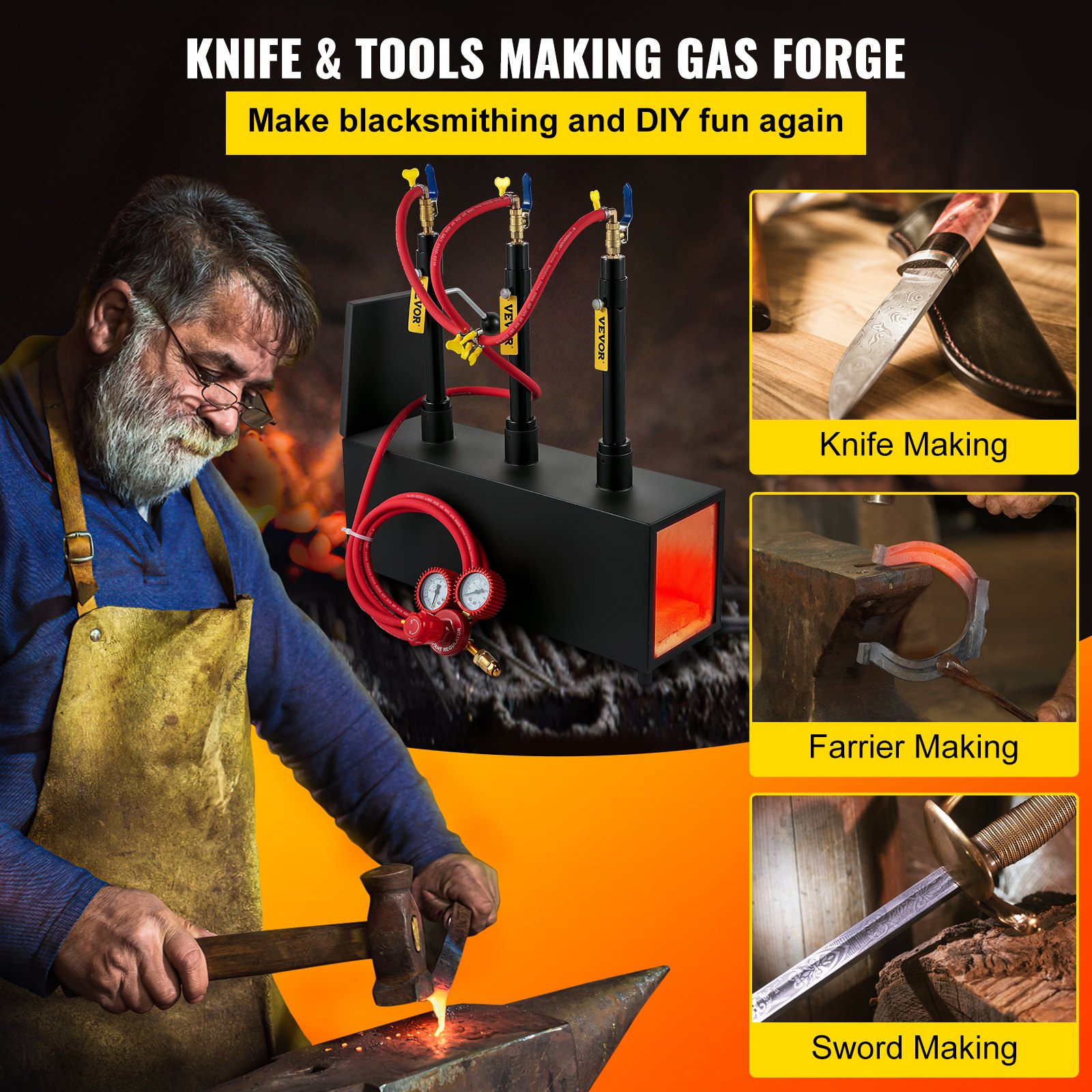 VEVOR Propane Knife Forge, Farrier Furnace with Three Burners, Portable Square Metal Forge with Single Durable Door, Large Capacity, for Blacksmithing, Knife Making, Forging Tools and Equipment