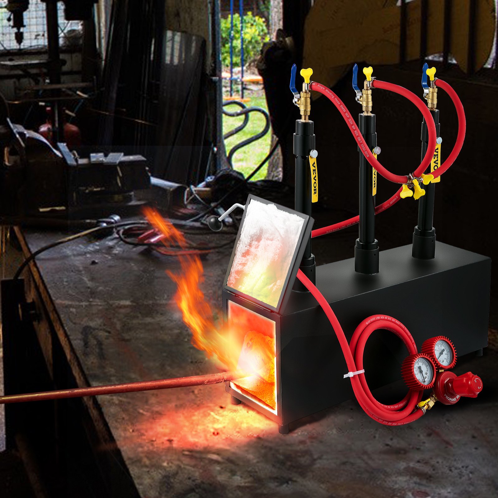 VEVOR Propane Knife Forge, Farrier Furnace with Three Burners, Portable Square Metal Forge with Single Durable Door, Large Capacity, for Blacksmithing, Knife Making, Forging Tools and Equipment