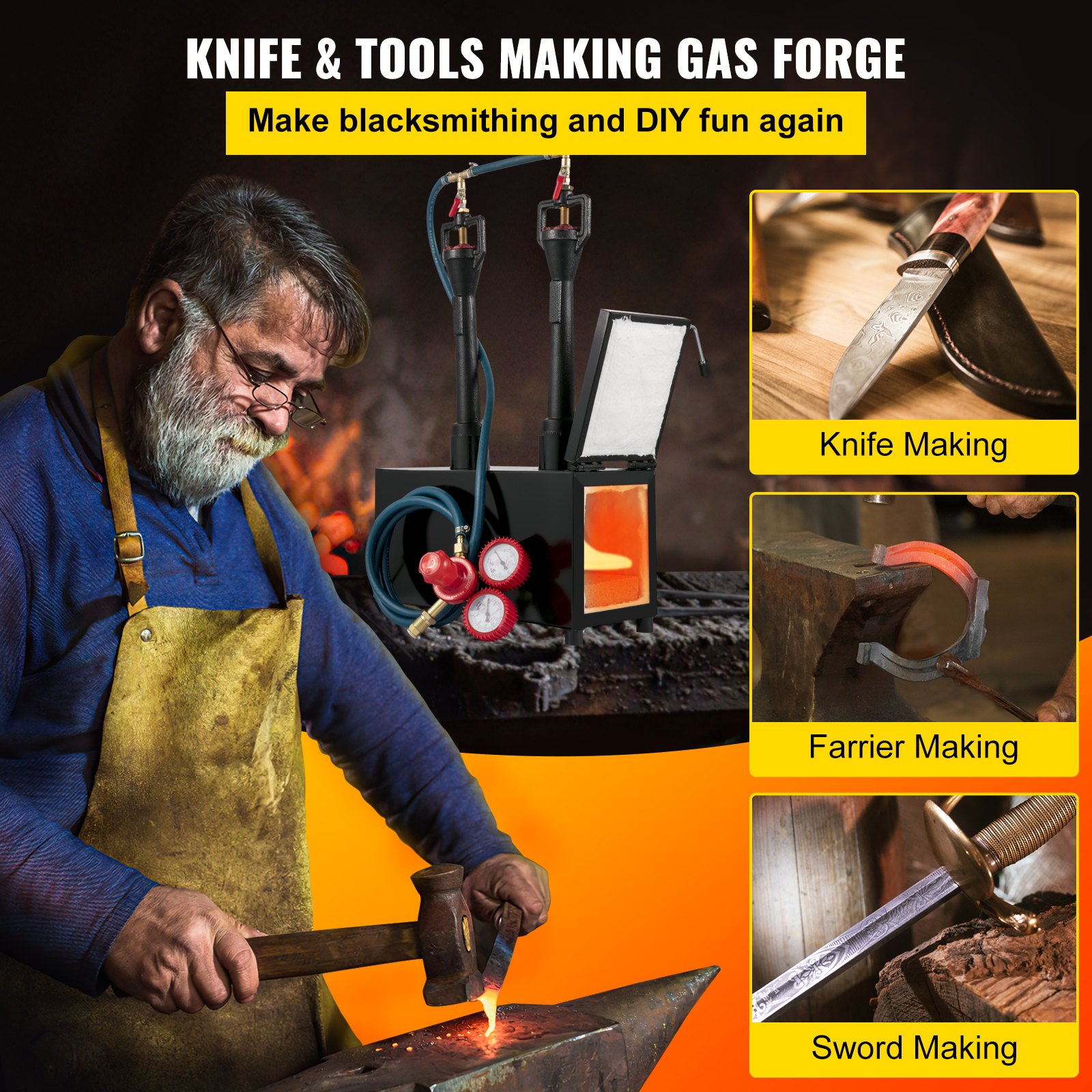 VEVOR Propane Knife Forge, Farrier Furnace with Dual Burners, Portable Square Metal Forge with Single Durable Door, Large Capacity, for Blacksmithing, Knife Making, Forging Tools and Equipment