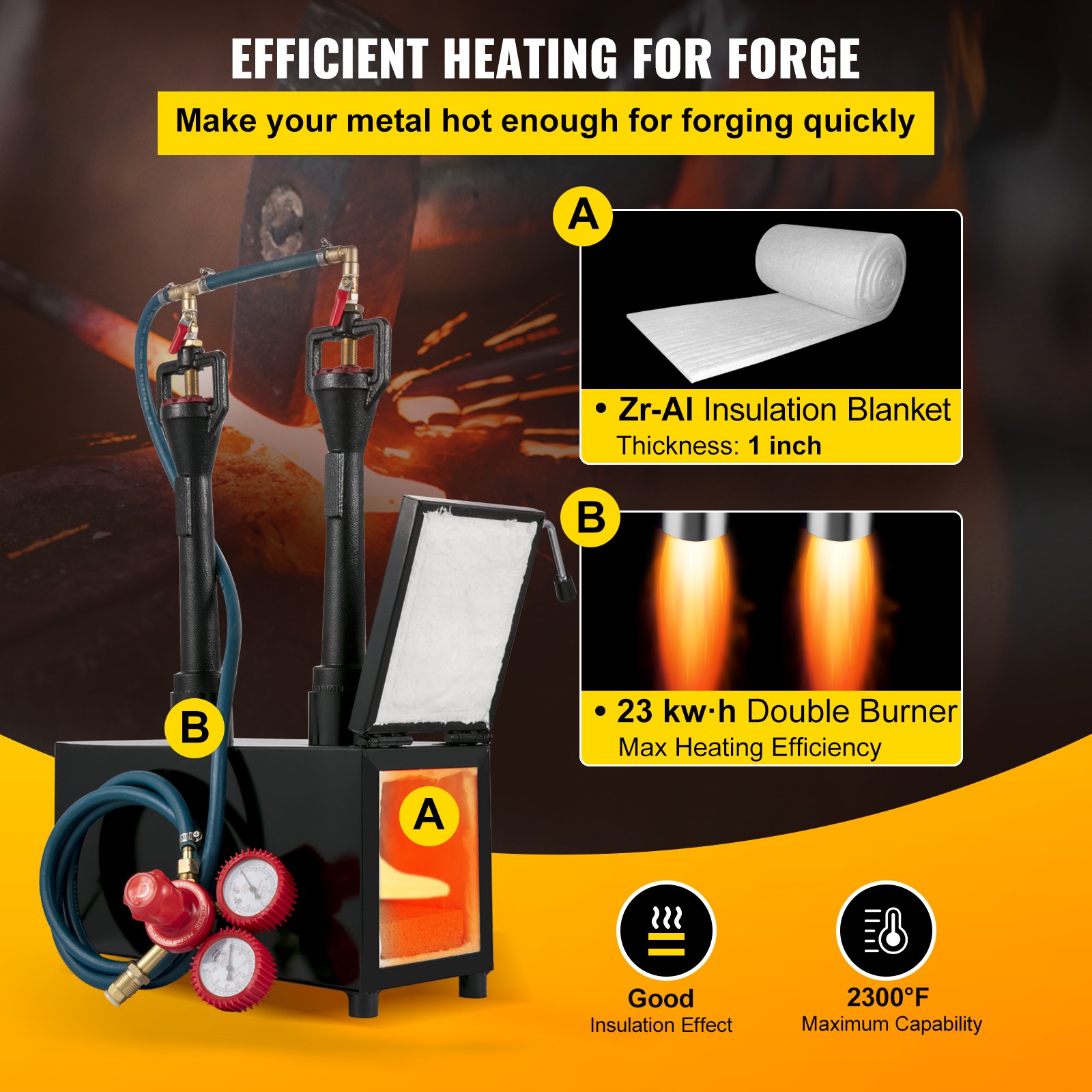 VEVOR Propane Knife Forge, Farrier Furnace with Dual Burners, Portable Square Metal Forge with Single Durable Door, Large Capacity, for Blacksmithing, Knife Making, Forging Tools and Equipment
