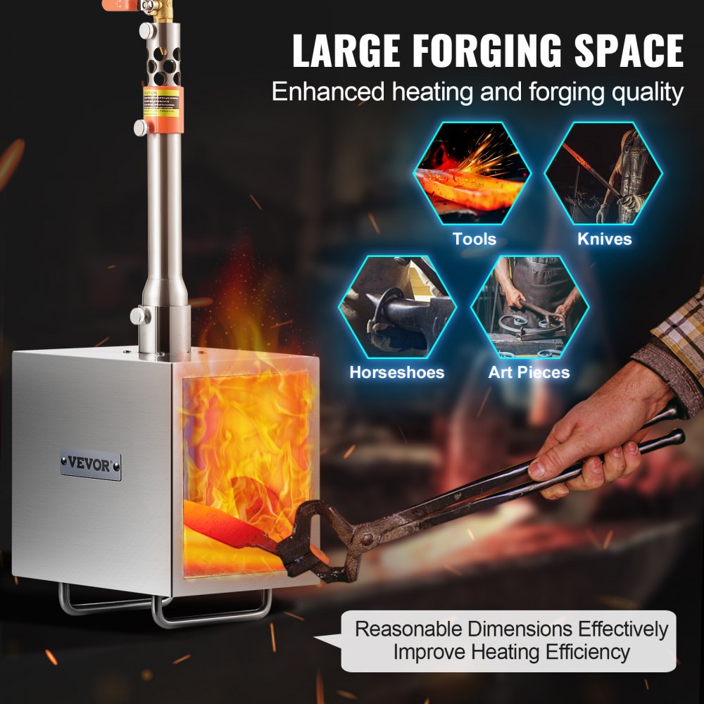 VEVOR Portable Propane Forge, 1 Burner Farrier Forge, 2600℉ Tool and Knife Making Blacksmithing Gas Forge, Large Capacity Square Stainless Steel Gas Forging Tools and Equipment for Metal Forging