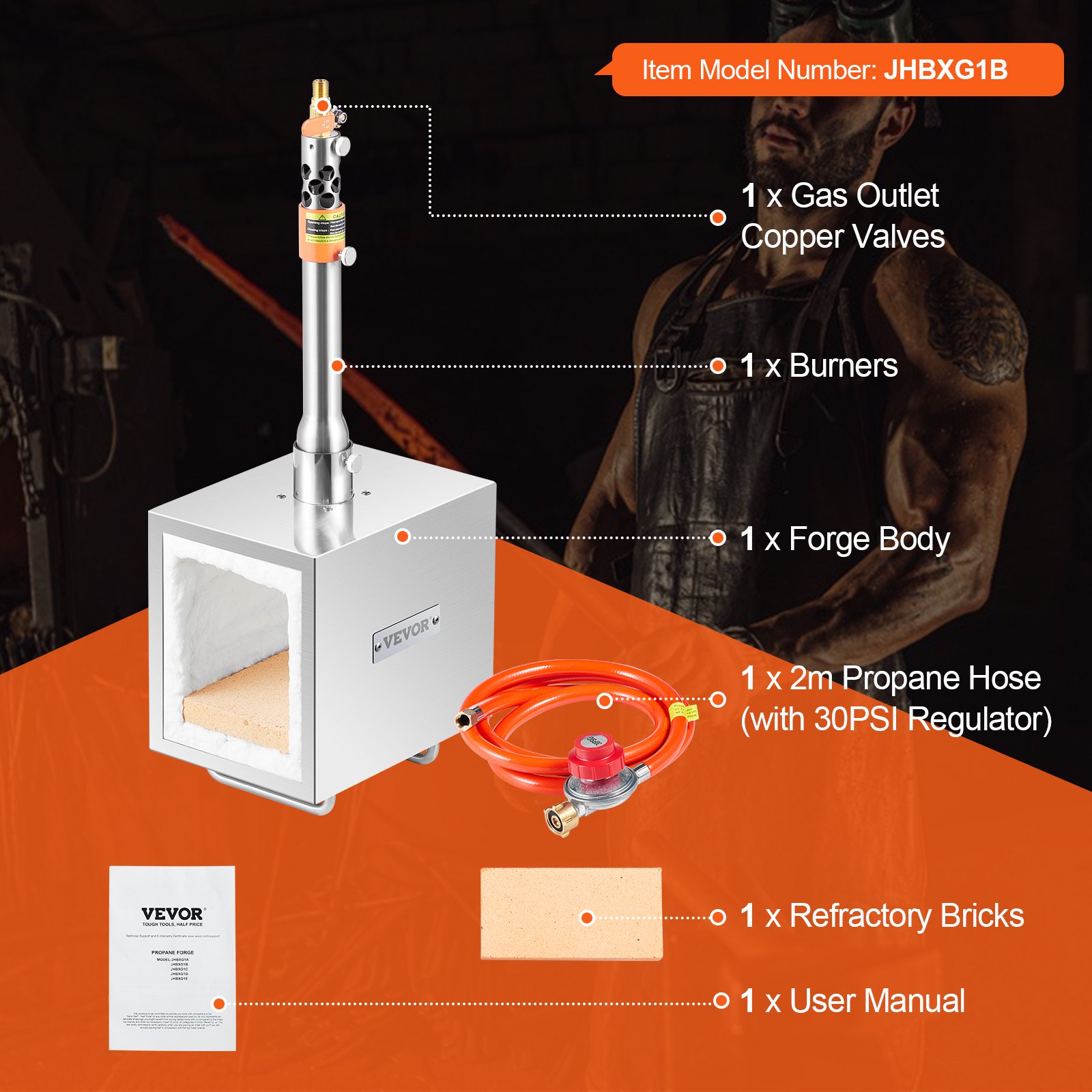 VEVOR Portable Propane Forge, 1 Burner Farrier Forge, 2600℉ Tool and Knife Making Blacksmithing Gas Forge, Large Capacity Square Stainless Steel Gas Forging Tools and Equipment for Metal Forging