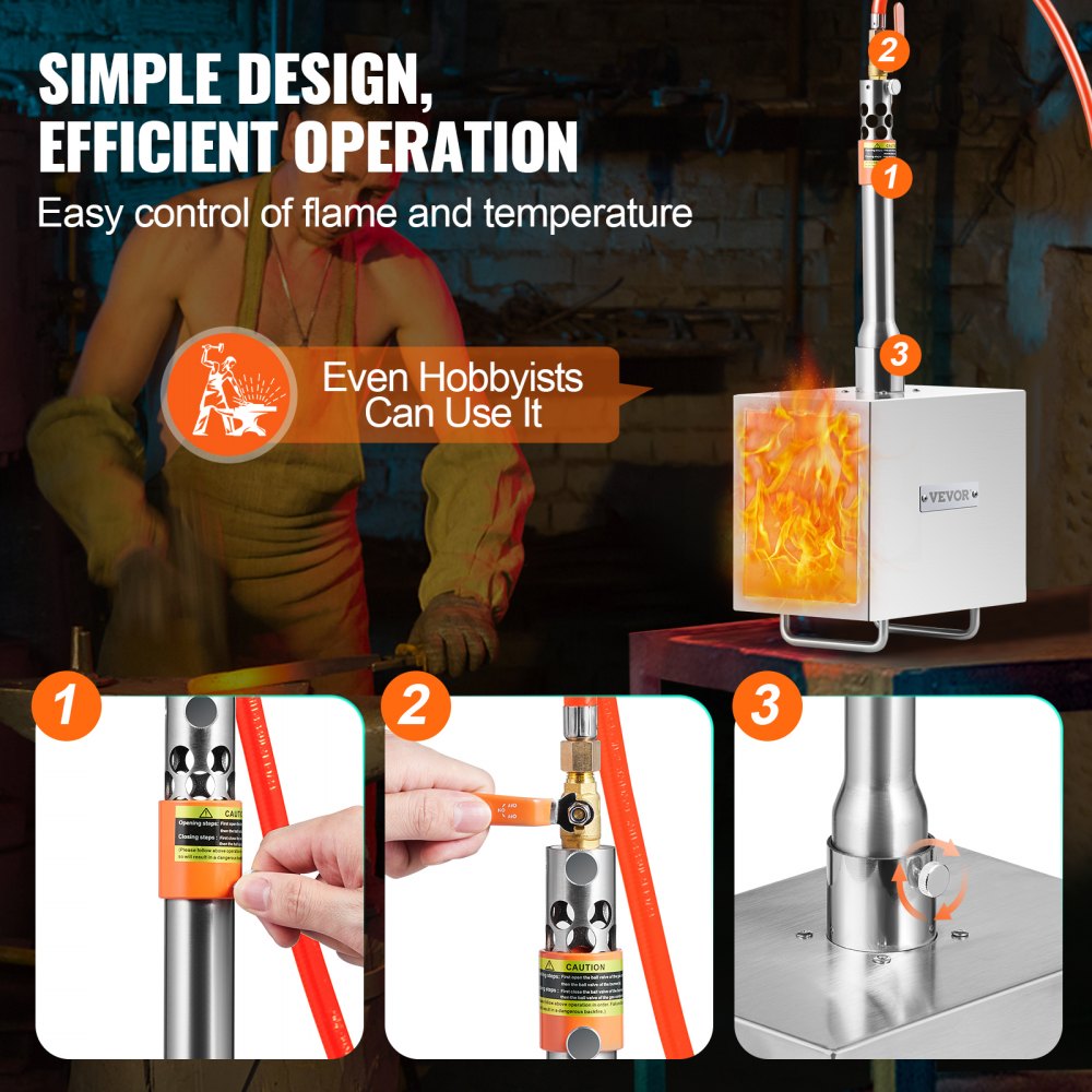 VEVOR Portable Propane Forge, 1 Burner Farrier Forge, 2600℉ Tool and Knife Making Blacksmithing Gas Forge, Large Capacity Square Stainless Steel Gas Forging Tools and Equipment for Metal Forging