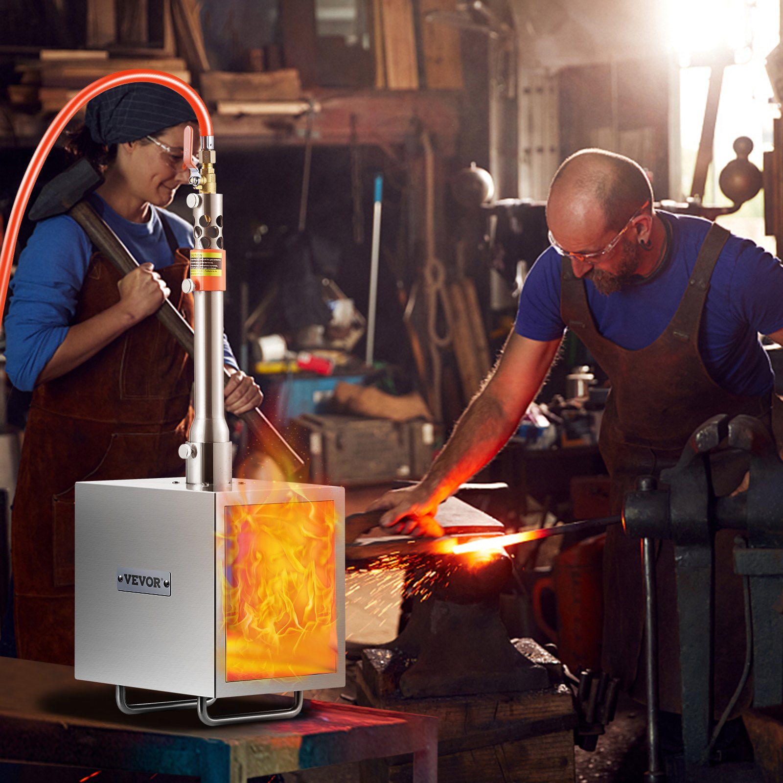 VEVOR Portable Propane Forge, 1 Burner Farrier Forge, 2600℉ Tool and Knife Making Blacksmithing Gas Forge, Large Capacity Square Stainless Steel Gas Forging Tools and Equipment for Metal Forging