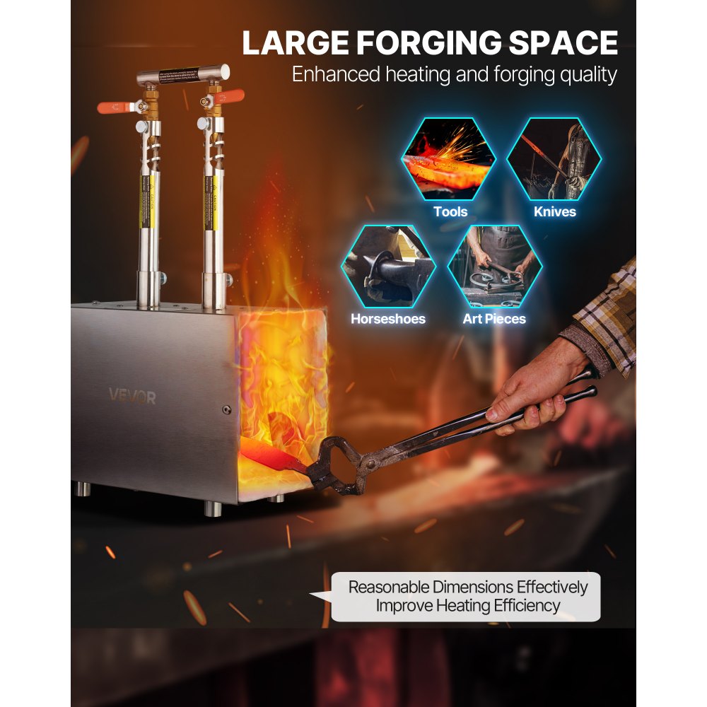 VEVOR Portable Propane Forge, 2 Burners, 2600℉ Tool and Knife Making Blacksmithing Farrier Forge, Large Capacity Square Shape, Stainless Steel Gas Forging Tools and Equipment, Use for Metal Forging