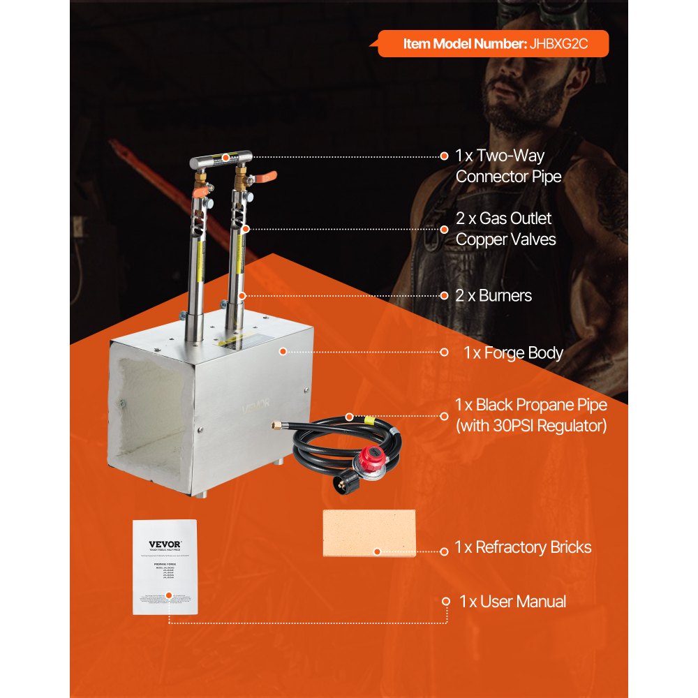 VEVOR Portable Propane Forge, 2 Burners, 2600℉ Tool and Knife Making Blacksmithing Farrier Forge, Large Capacity Square Shape, Stainless Steel Gas Forging Tools and Equipment, Use for Metal Forging
